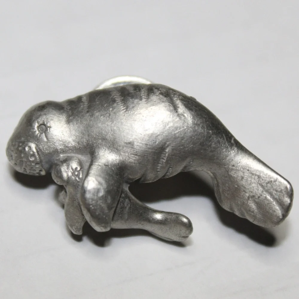 JJ Pin Manatee Mother Baby Pewter Silver Tone Vintage Marine Animal Lapel USA
